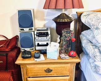 oak nightstand, jam box 