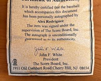 Alex Rodriguez signed baseball certificate