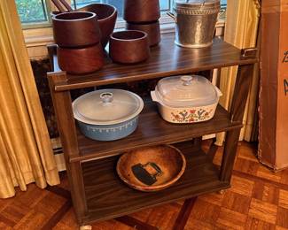 Wood Salad Set, Aluminum Ice Bucket, Pyrex Snowflake,  Corning Country Festival, Cart