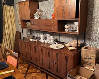 Stanley Mid Century Modern Credenza w/ Hutch Top Sliding Doors