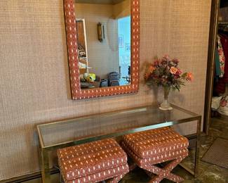 Glass Top Table, Pair of Stools & Matching Mirror