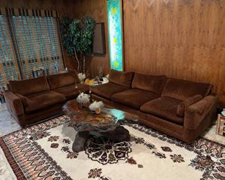 Vintage Sectional Sofa, Oriental Carpet, Live Edge Wood Coffee Table