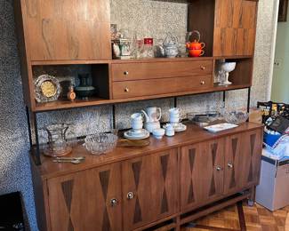 Stanley Mid Century Modern Credenza w/ Hutch Top Sliding Doors
