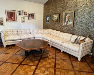 Sectional Sofa,  Art, Harvey Probber / Adrian Pearsall Style Hexagon Walnut & Egyptian Motif Copper Top Coffee Table w/ Ebonized Base

