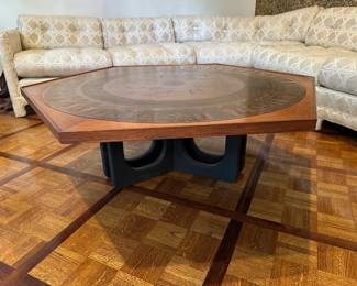 Harvey Probber / Adrian Pearsall Style Hexagon Walnut & Egyptian Motif Copper Top Coffee Table w/ Ebonized Base
