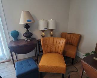 Furniture: Chairs, lamps, footstool