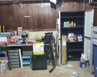 Yard tools and supplies, DVD and BluRay discs, multi-bike rack for tow hitch, dorm refrigerator, kids step stool