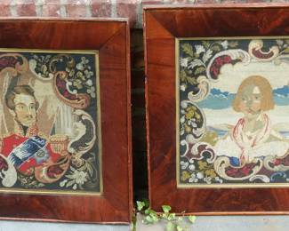 19c ANTIQUE ENGLISH PETIT POINT NEEDLEPOINT PORTRAIT QUEEN VICTORIA & PRINCE ALBERT