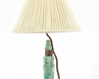 ANTIQUE CHINESE GREEN QUARTZ STONE KORO LAMP WITH JADE FINIAL
