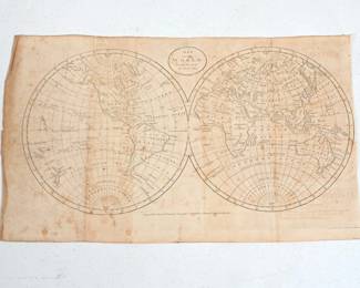 ANTIQUE C. 1793 ENOCH GRIDLEY WORLD MAP ENGRAVING