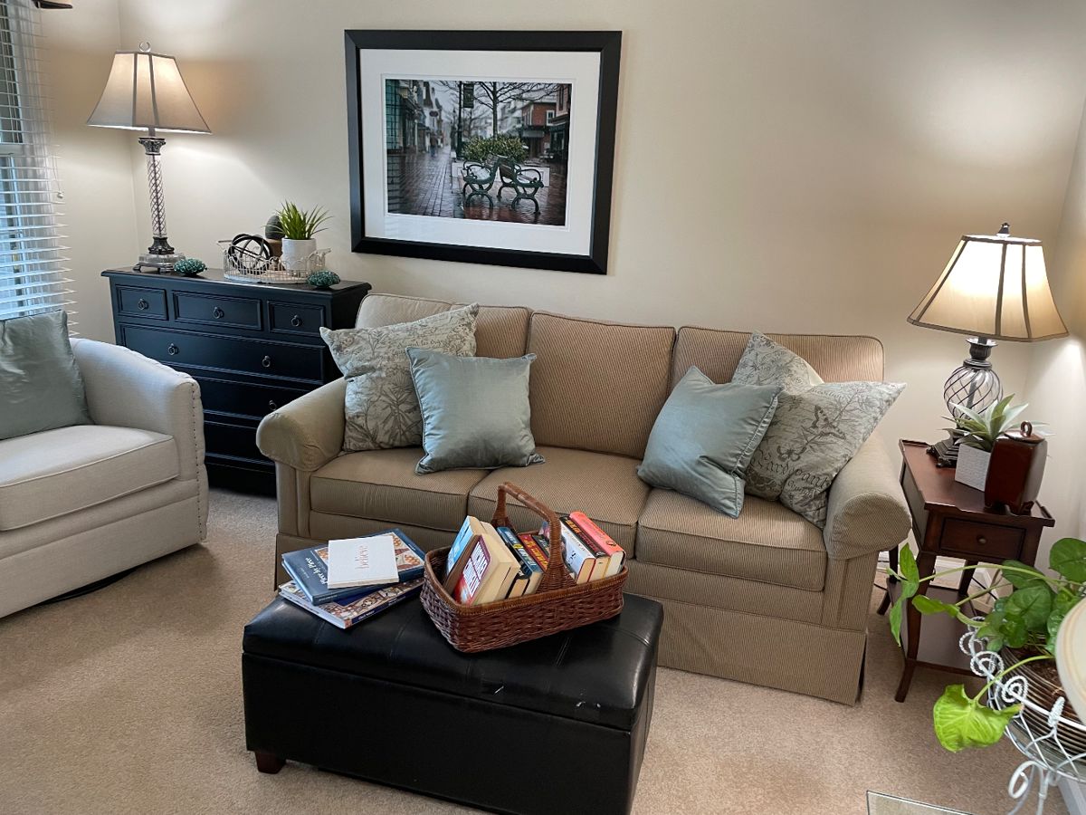 Ethan Allen 3cushion couch, pair of barrel swivel chairs, tall console cabinet, lamps, leather ottoman and more!