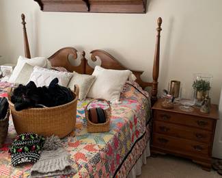King headboard, 2 twin mattress sets, nightstands - pair, display shelf, quilts, scarves, and more