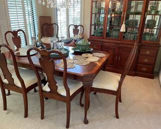 Dining table with 2 leaves and 6 dining chairs, and china hutch by Pennsylvania house