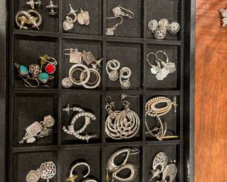 Semi precious stone, sterling and Brighton earrings and costume jewelry pins