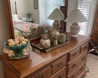 Dresser with mirror by Pennsylvania House, and Dedham bunny pottery lamp