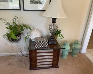 J.P. Coats Antique 6-drawer spool cabinet with glass top for use as a side table, planter, decor, urns and more