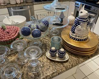 Glass cake stands, chargers, Pottery barn glass candle holders, polish pottery - bunny cookie jar and eggs, and more!