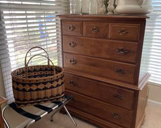 Tall chest of drawers by Pennsylvania House, luggage rack and hand-made basket