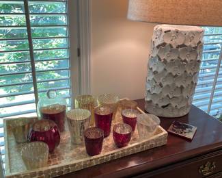 Thomasville console or entryway table, lamp, and tray with votives