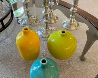 Pewter candle holders and Crate & Barrel vases