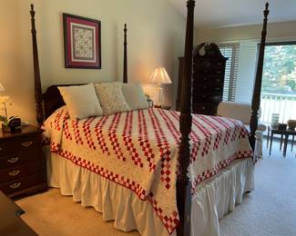Queen 4-poster bed by Thomasville, matching set of nightstands, tall dresser, and long dresser with mirror