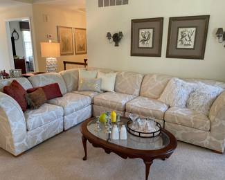 Ethan Allen 6-piece sectional sofa - ivory (like new condition), round cocktail table, Waterford glassware, Crate & Barrel vases and more!