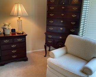 Nightstand and tall dresser by Thomasville, 32" WATERFORD lamp (matched set of 2 available) and ivory armchair