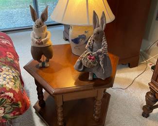 Rowe pottery lamp and side table with bunnies