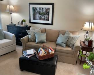 Ethan Allen 3cushion couch, pair of barrel swivel chairs, tall console cabinet, lamps, leather ottoman and more!