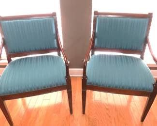 Pair Mahogany Wood/Teal Upholstery Accent Armchairs by Fairfield