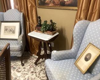 Matching wingback chairs (as is); antique marble top Eastlake table
