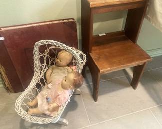 VIntage doll cradle and dolls