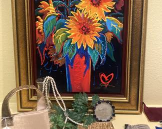 Evening bags; framed art