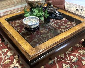 Wood and glass top coffee table (has coordinating hexagon side table and square side table)
