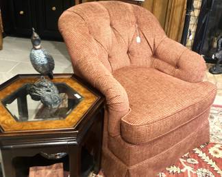 One of two matching chairs; hexagon wood and glass top  side table (matches coffee table and end table)