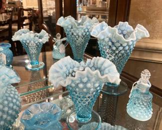 Vintage Fenton - hobnail opalescent blue ruffled edge compote bowls