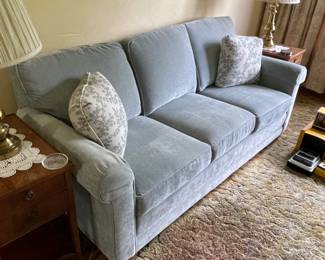 Beautiful baby blue recently purchased velveteen sofa