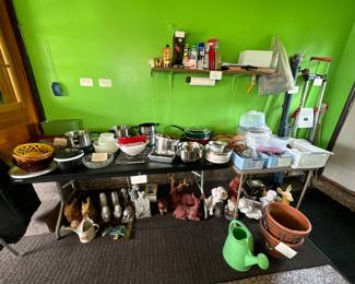 Garden statues, cookie sheets, pots, pans