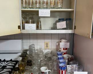 Buffalo Historical site glass ware, Arby's American Flag Glassware, Campbell's soup mugs