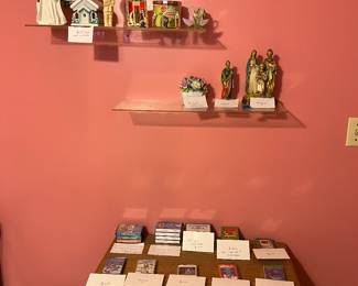religious collectibles, Christmas cassettes, cabinet/shelf