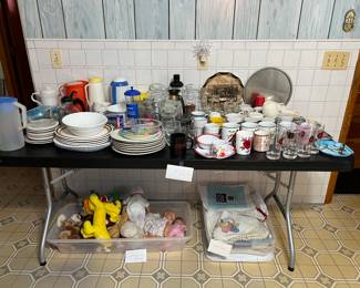 plates, mugs, cups, stuffed animals, doilies, 