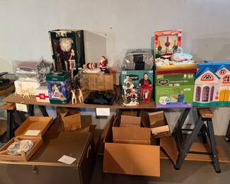 Depends, metal chest, toy house, Christmas decor, bluray player