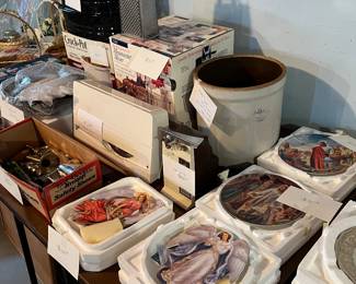 Crock pot, deli slicer, Bradford plates, mixer, 3lb blue bell pickling jar, electric can opener