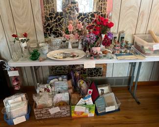 Shower curtains, picture frames, Thanksgiving Turkey platter, pillar candles, vases