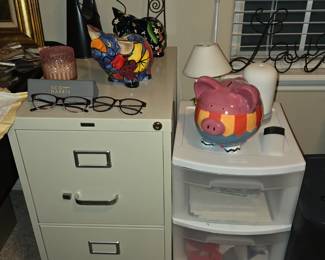 2 Door File Cabinet  - Plastic Containers- Piggy Banks - Lamp - Cross