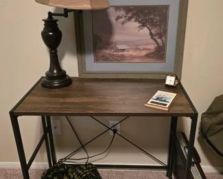 Small Desk - Desk Lamp - Crochet Camo Blanket - Briefcase - 