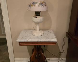 Antique Eastlake Marble Top Square Table - Another Antique Oil Lamp Converted into a Lamp