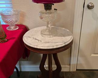 Antique Marble Top Round Side Table - Antique Oil Lamp Converted To A Lamp