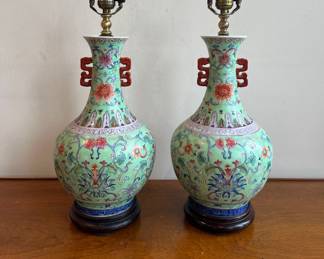 Chinese Export Turquoise Ground Famille Rose Vases Mounted As Lamps (2)