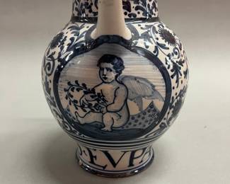 Italian Hand Painted Blue And White Ceramic Spouted Pot Or Posset Pot